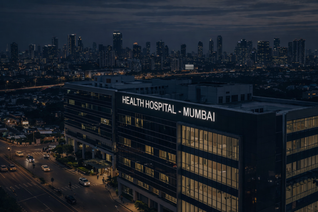 Modern hospital building in Mumbai at night with city skyline view