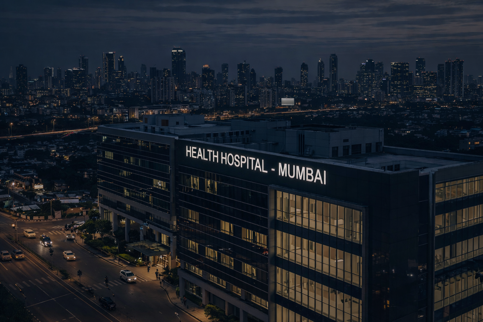 Modern hospital building in Mumbai at night with city skyline view